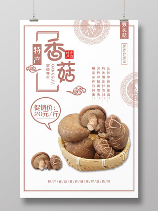简约大气白色系香菇土特产特产促销海报